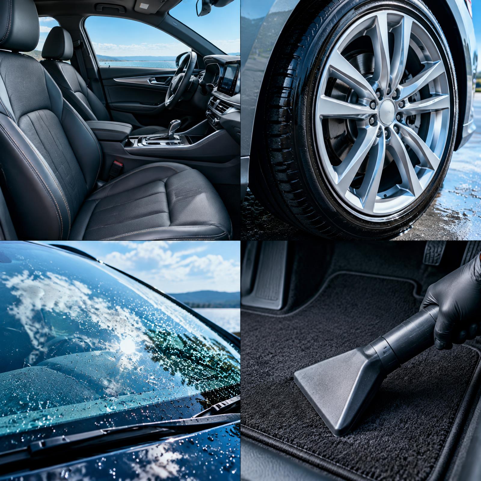 Clean car interior, wheel, windscreen and vacuuming details